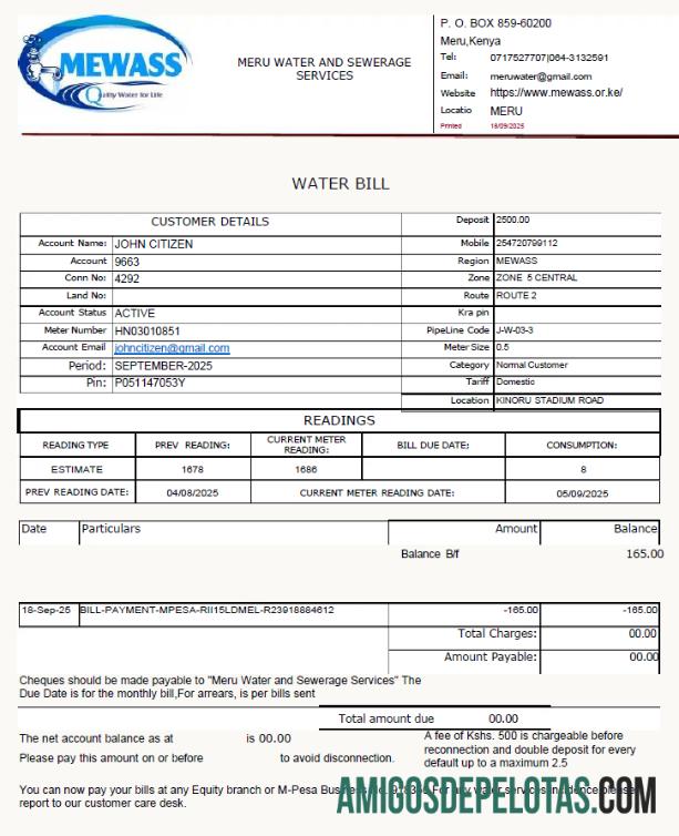 realista Modelo de conta de serviços públicos de serviços de água e esgoto Meru do Quênia em formatos Word e PDF